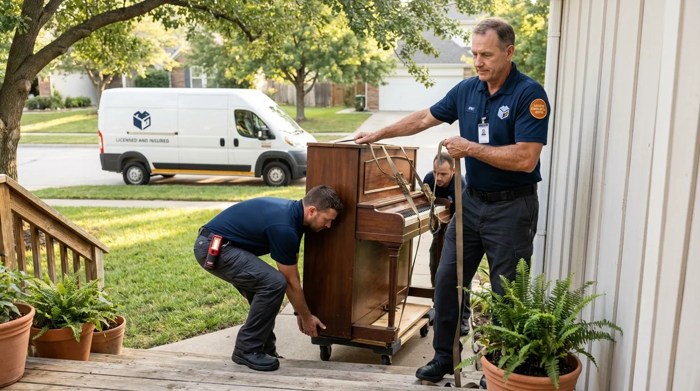 Licensed piano movers securing grand piano in Ogden, IA