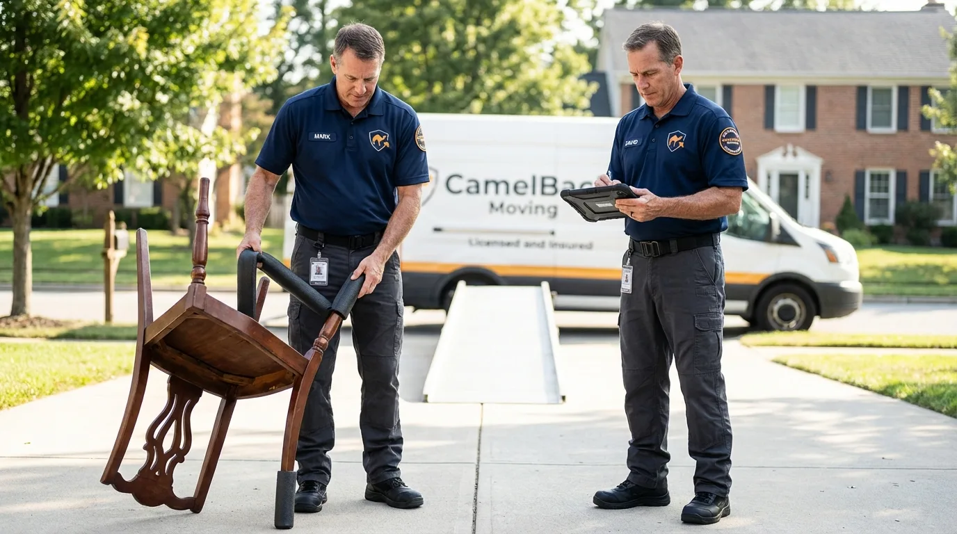 Movers inspecting furniture for damage prevention before loading in Ogden, IA
