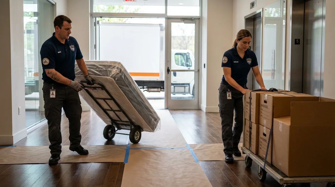 Professional apartment movers loading elevator in Ogden, IA